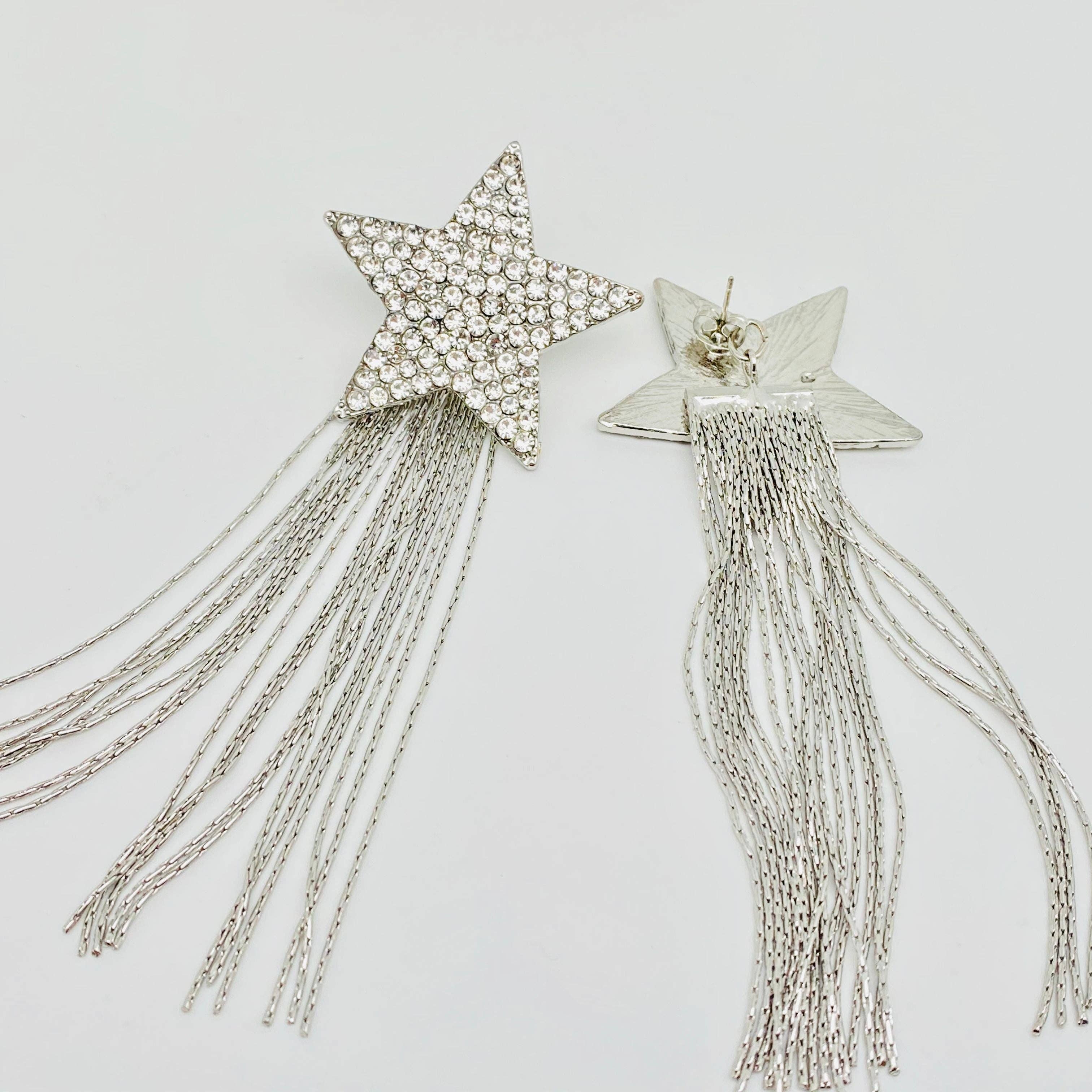 Rhinestone Five-pointed Star Long Tassel Earrings