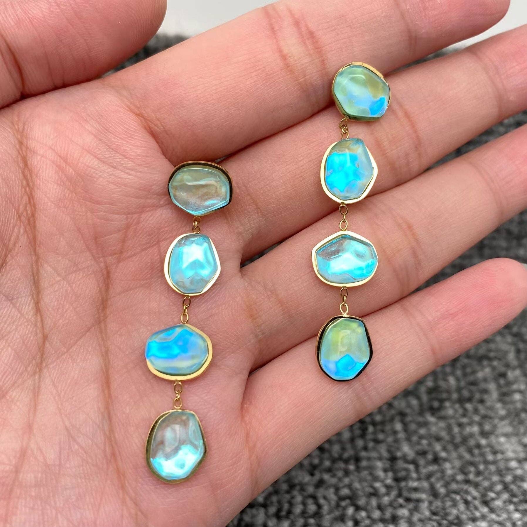 Irregular Blue Acrylic Linked 18K Golden SS Earrings