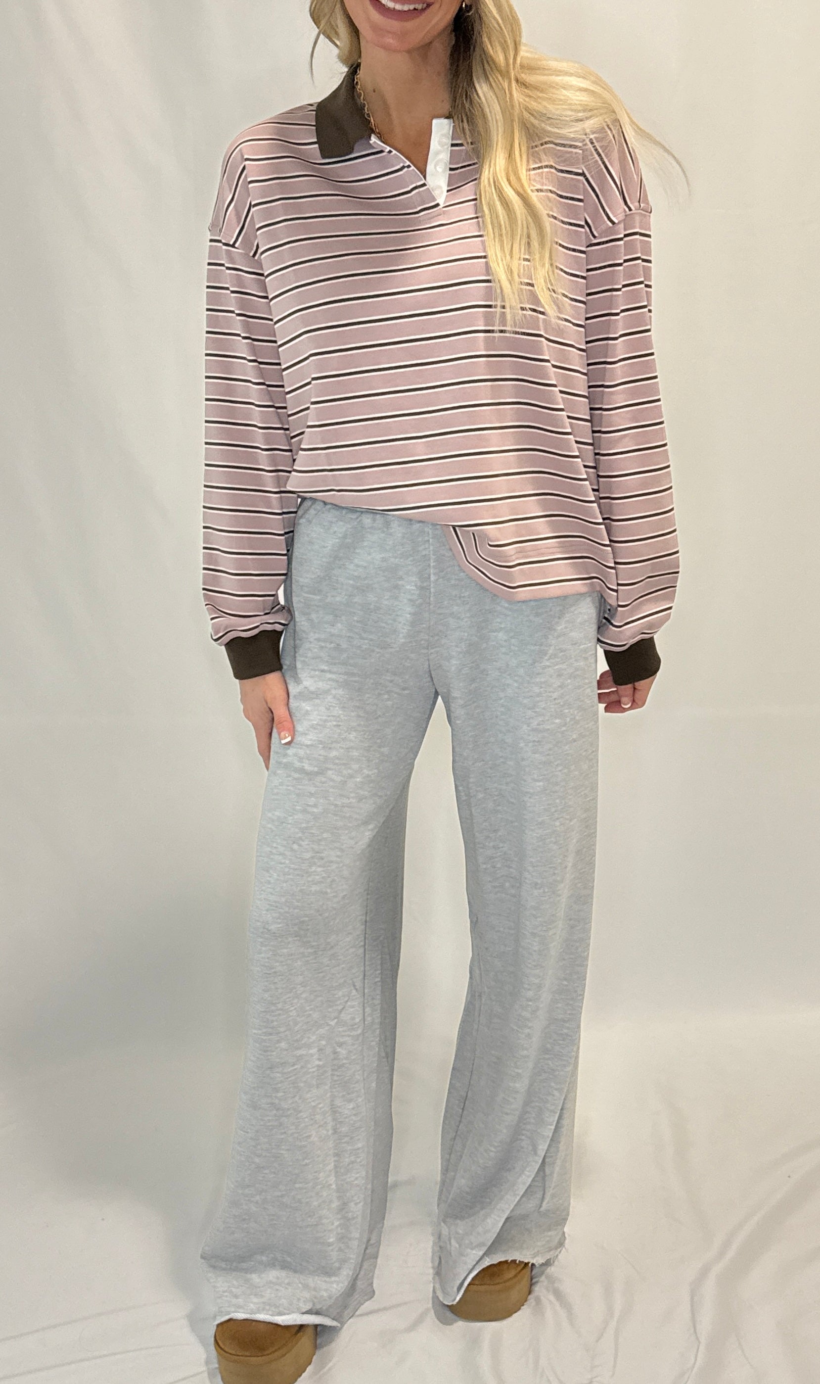 Quarter-Button Striped Collared Long Sleeve Top