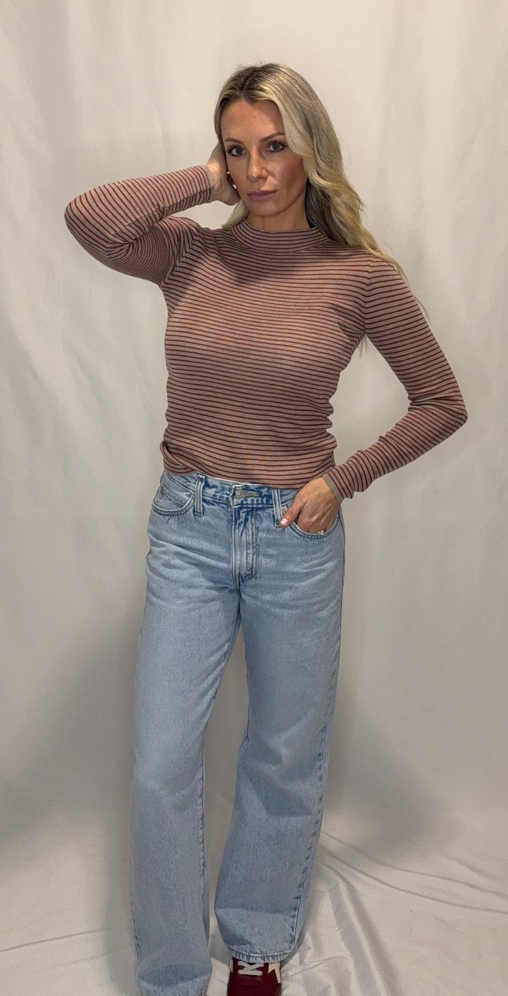 Striped Mock Neck Long Sleeve Top