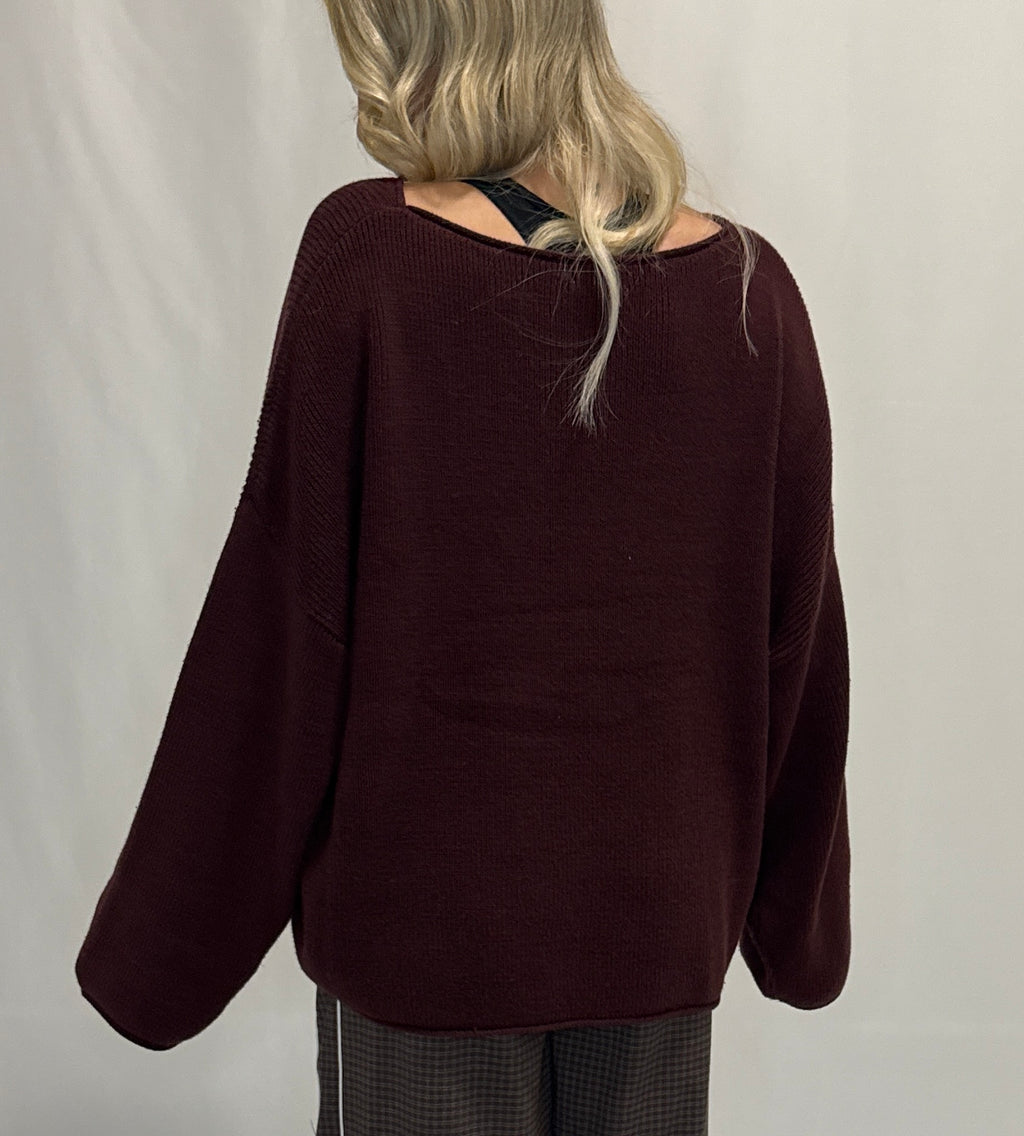 Solid Rib-Knit Oversized Boatneck Sweater