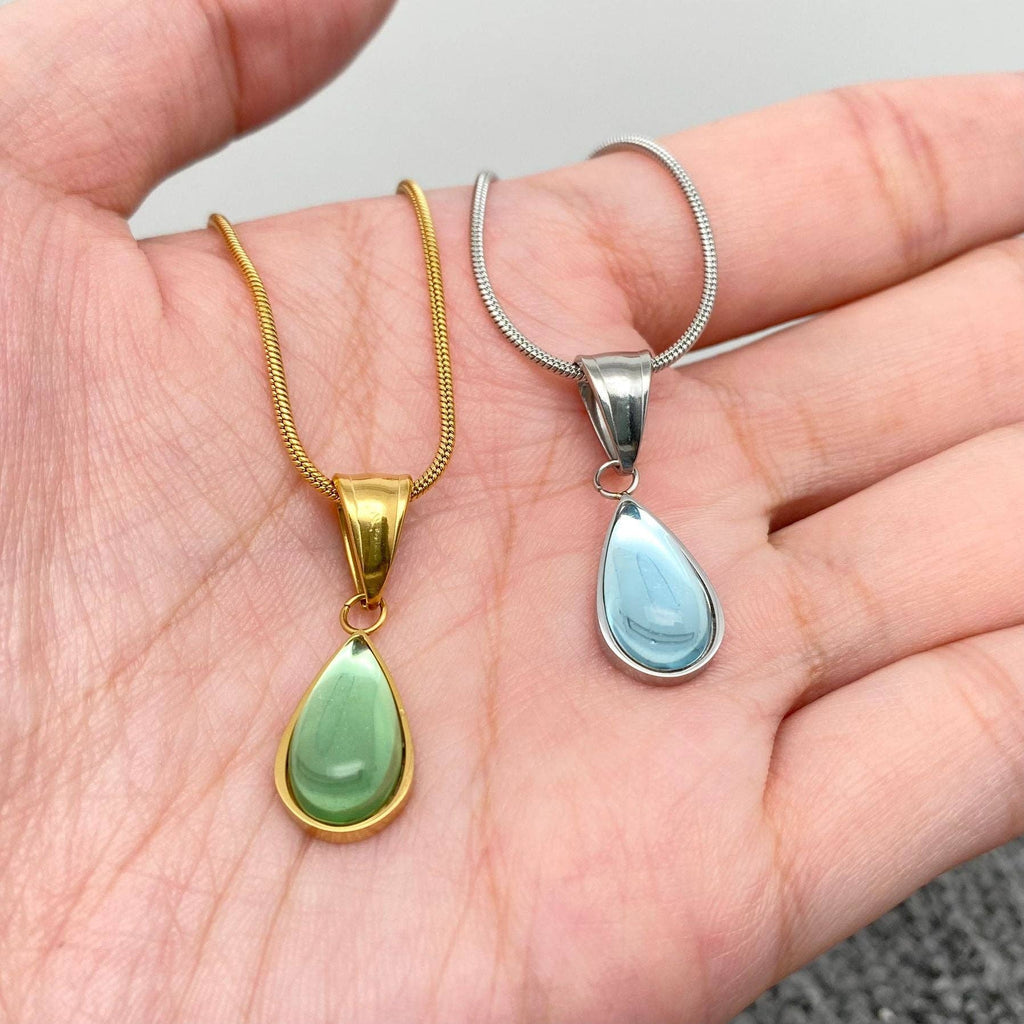 Teardrop Glass Charm 18K Gold Plated SS Necklace (Two Colors)