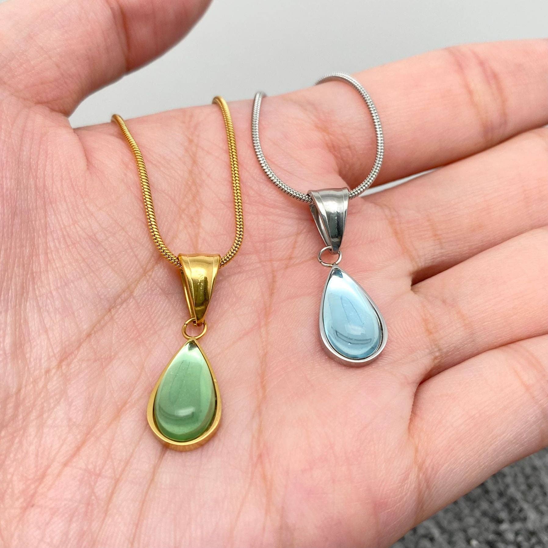 Teardrop Glass Charm 18K Gold Plated SS Necklace (Two Colors)