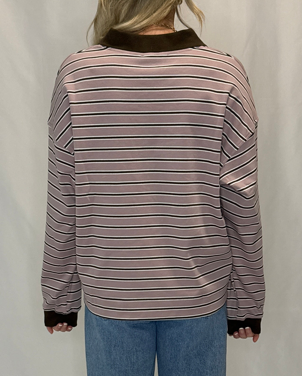 Quarter-Button Striped Collared Long Sleeve Top
