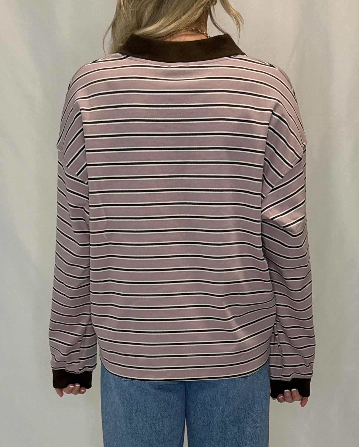 Quarter-Button Striped Collared Long Sleeve Top
