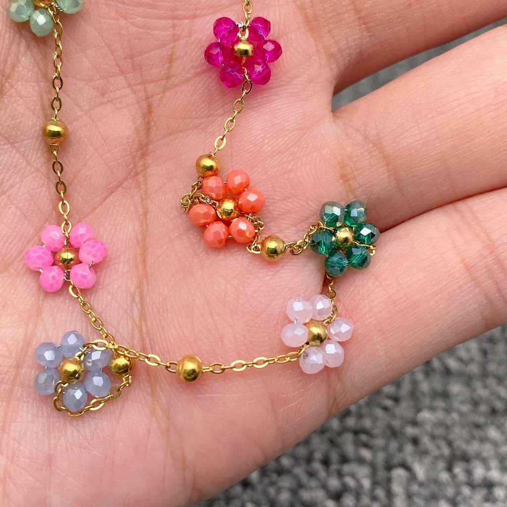 7 Color Glass Beaded Flowers 18K Gold Plated necklace
