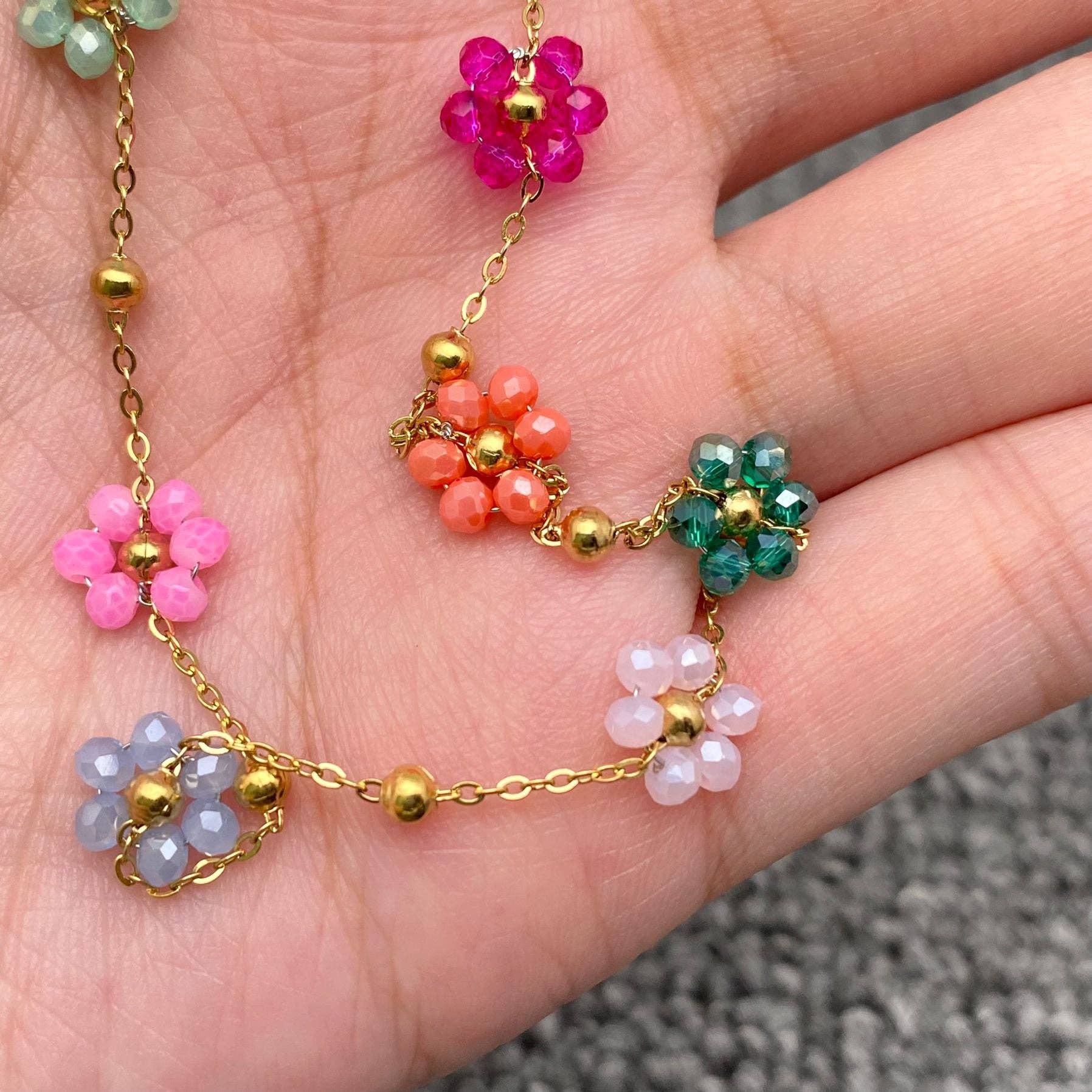 7 Color Glass Beaded Flowers 18K Gold Plated necklace