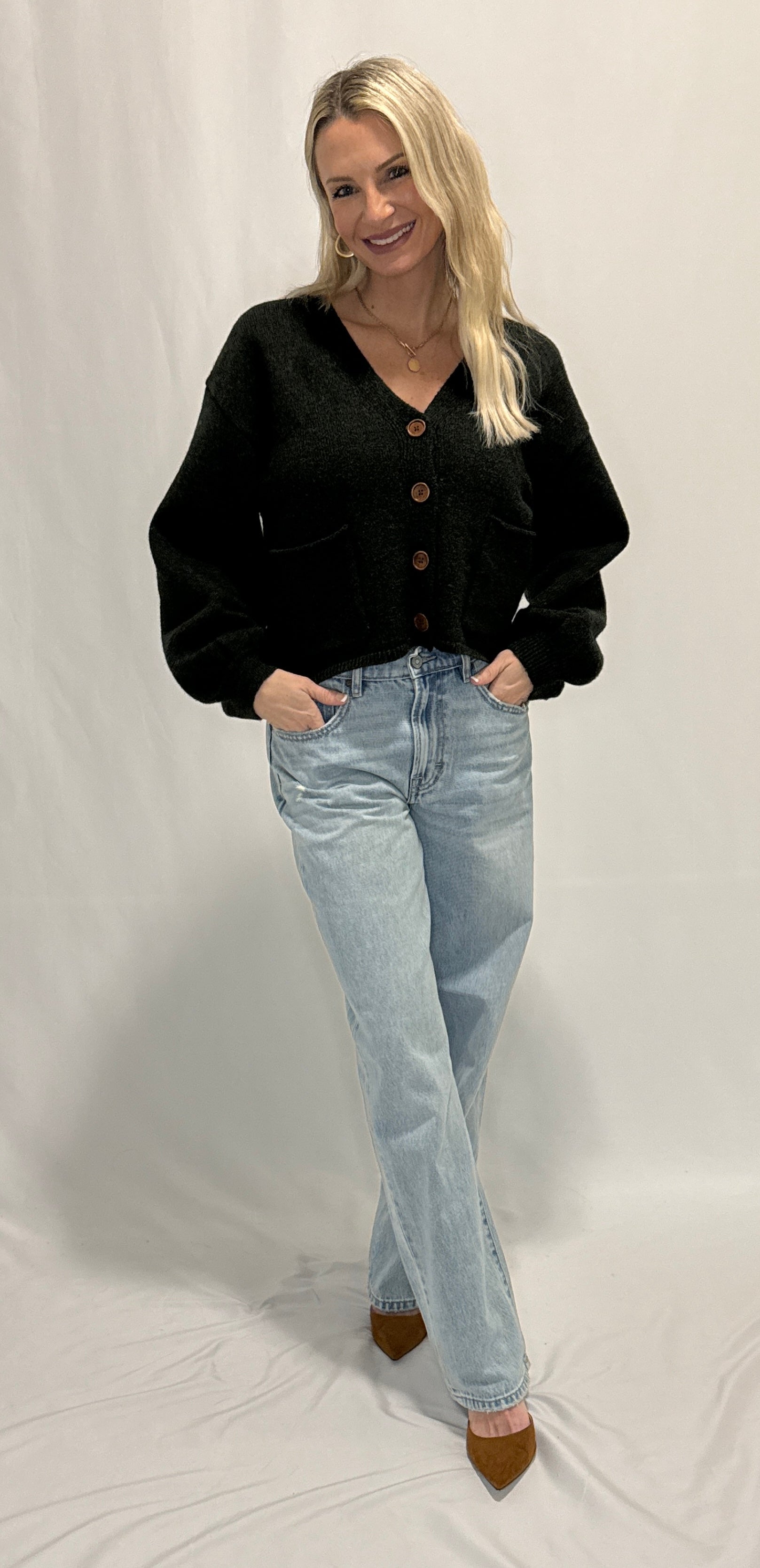 V-Neck Cuff Button-Up Long Sleeve Cardigan Sweater