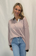 Quarter-Button Striped Collared Long Sleeve Top