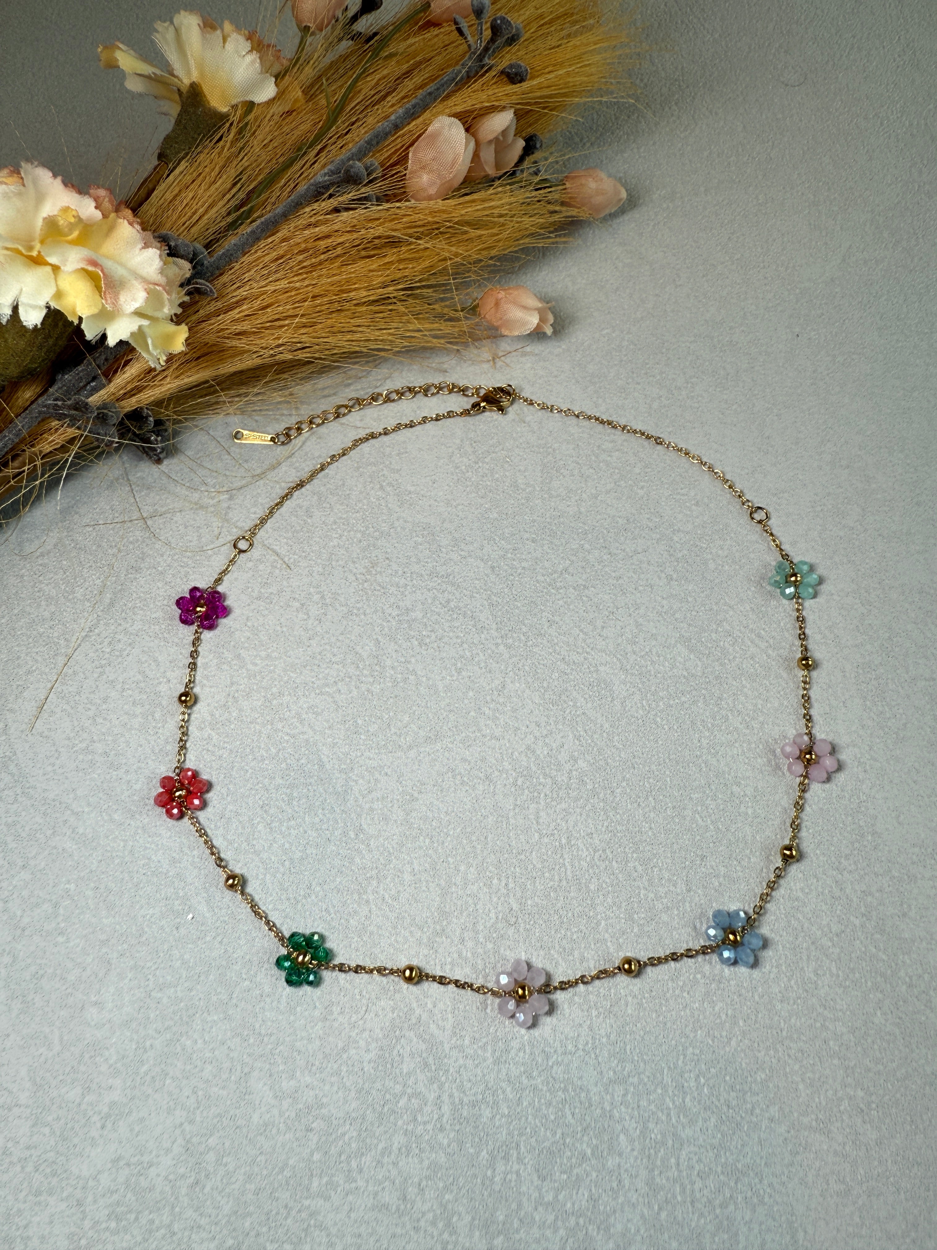 7 Color Glass Beaded Flowers 18K Gold Plated necklace