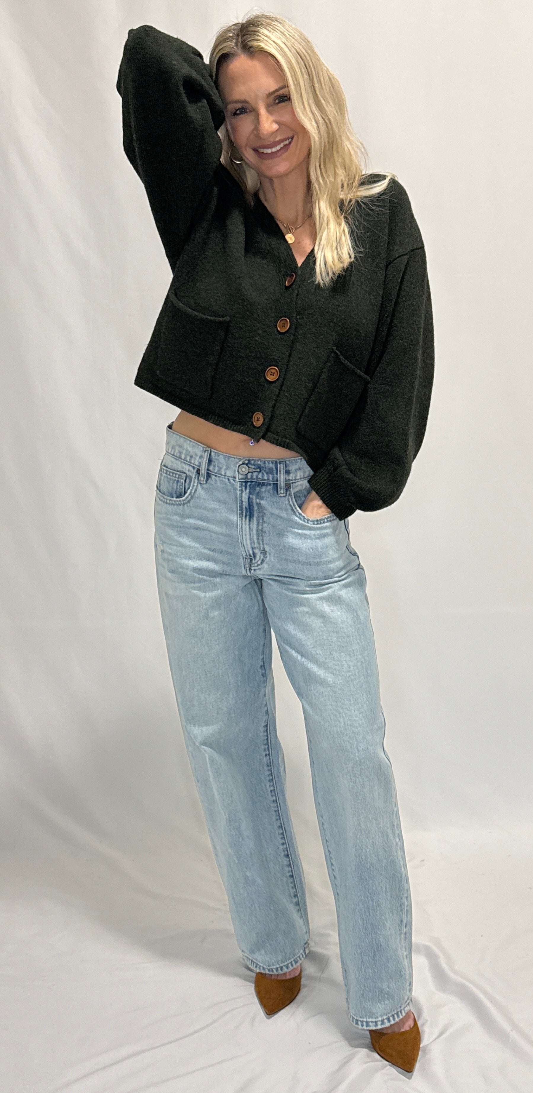 V-Neck Cuff Button-Up Long Sleeve Cardigan Sweater