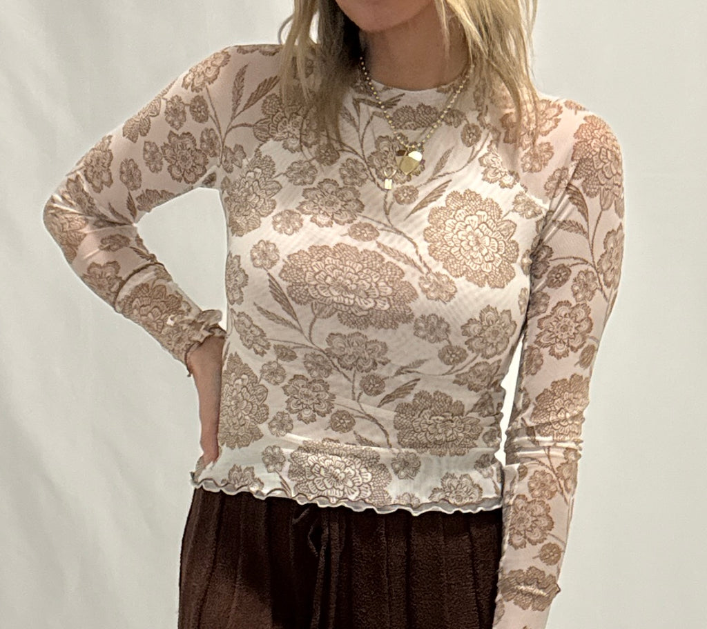 Floral-Print Mesh Mock-Neck Raglan Top