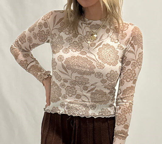 Floral-Print Mesh Mock-Neck Raglan Top