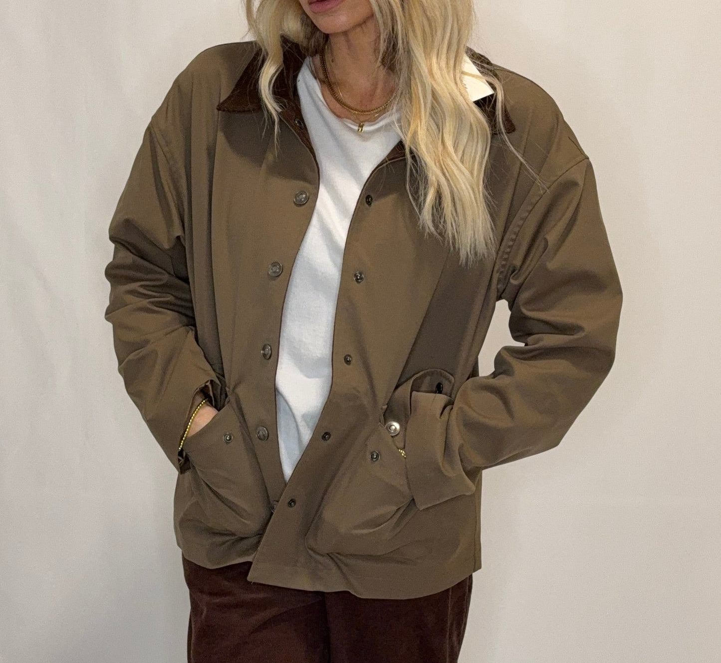 Barn Jacket with Corduroy Collar and Snap Pockets