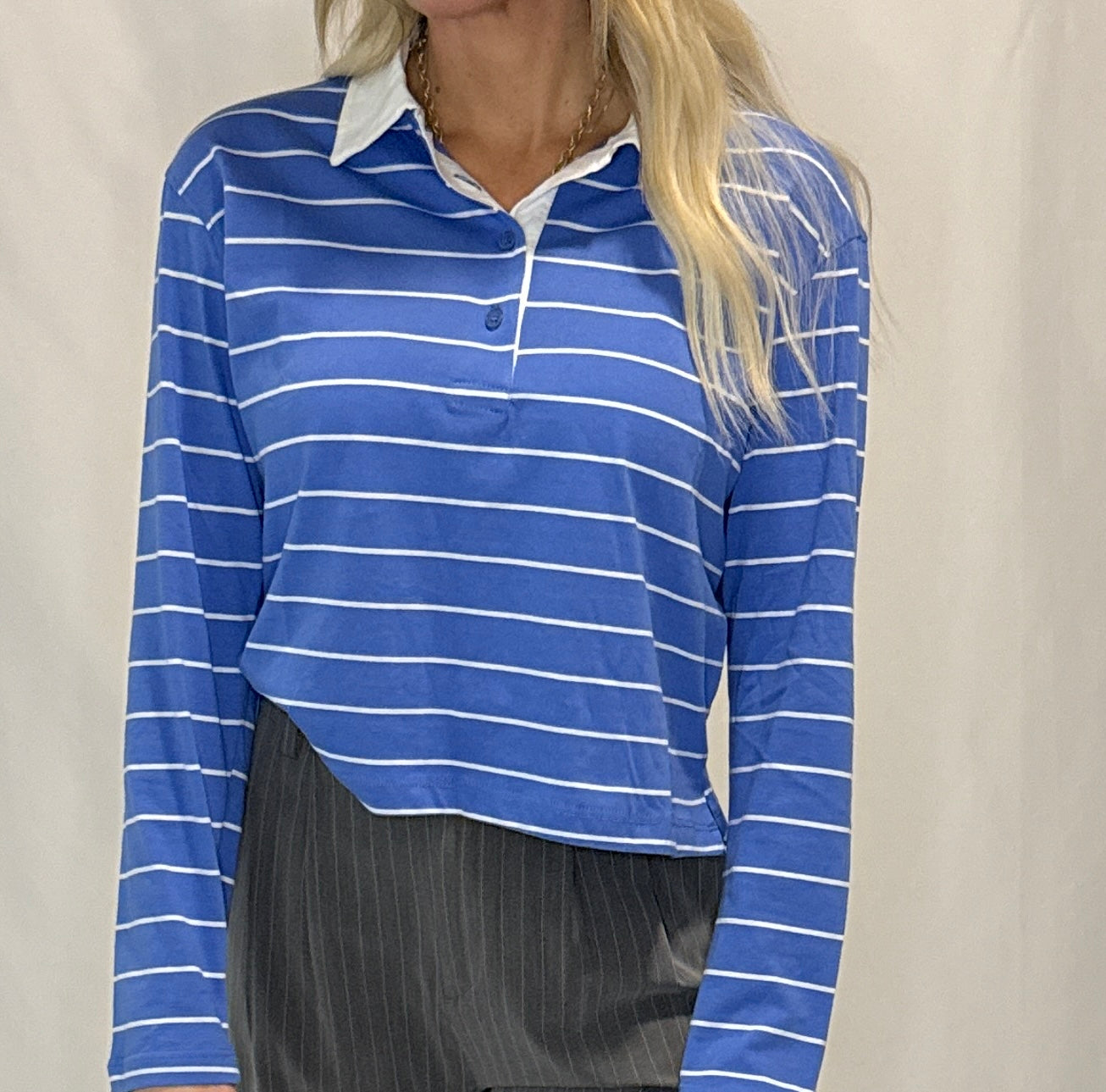 Long Sleeve Stripe Cotton Polo Shirt