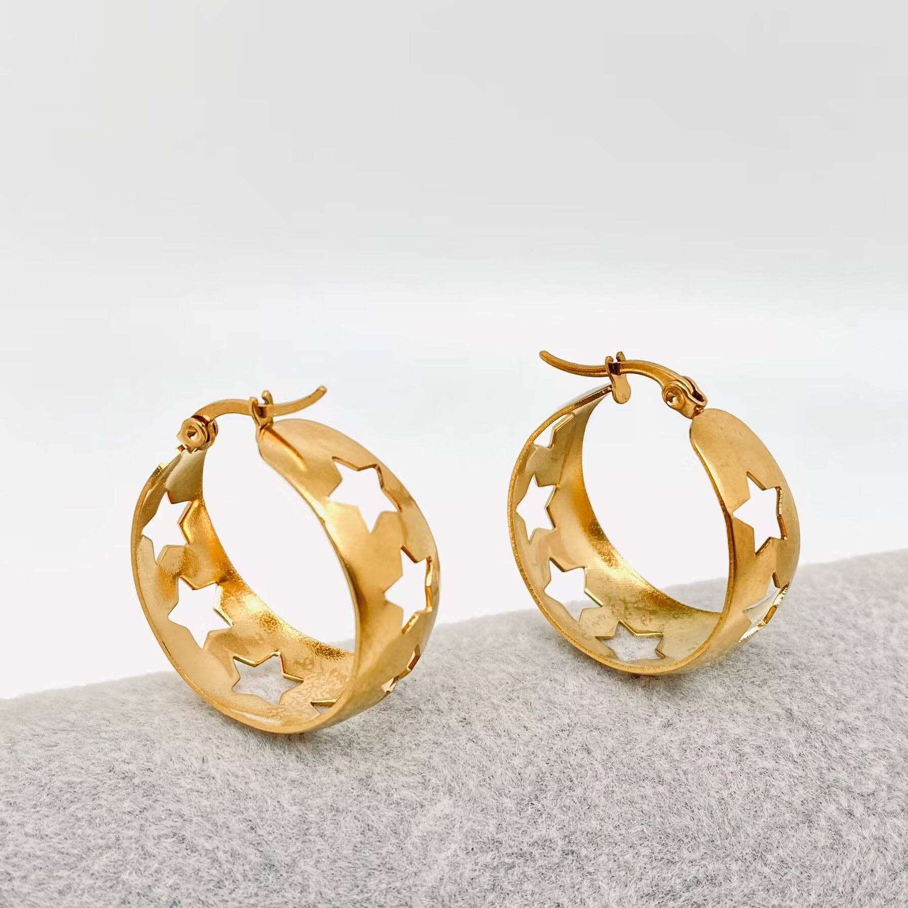Hollow Stars Gold Plated Stainless Steel Hoop Earrings