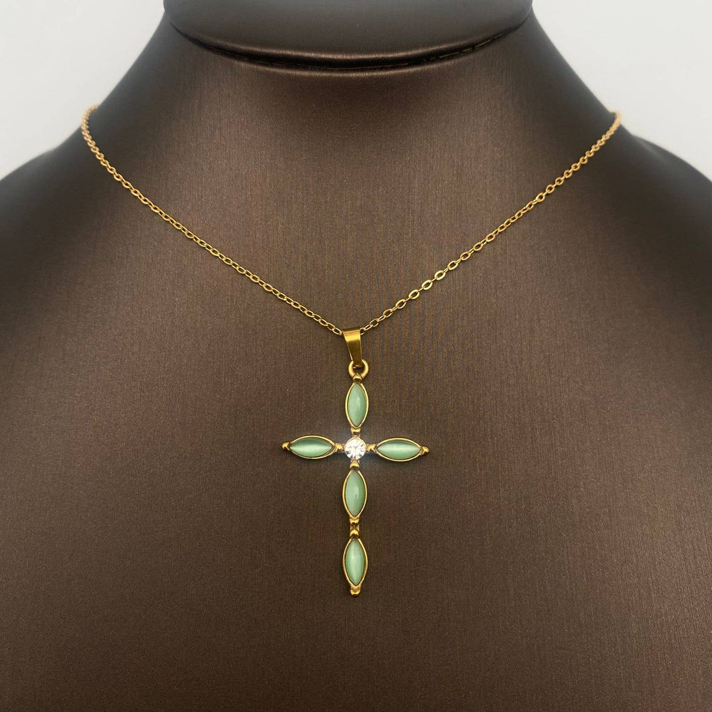 Cat's Eye stone Inlaid Cross 18K Golden SS Necklace