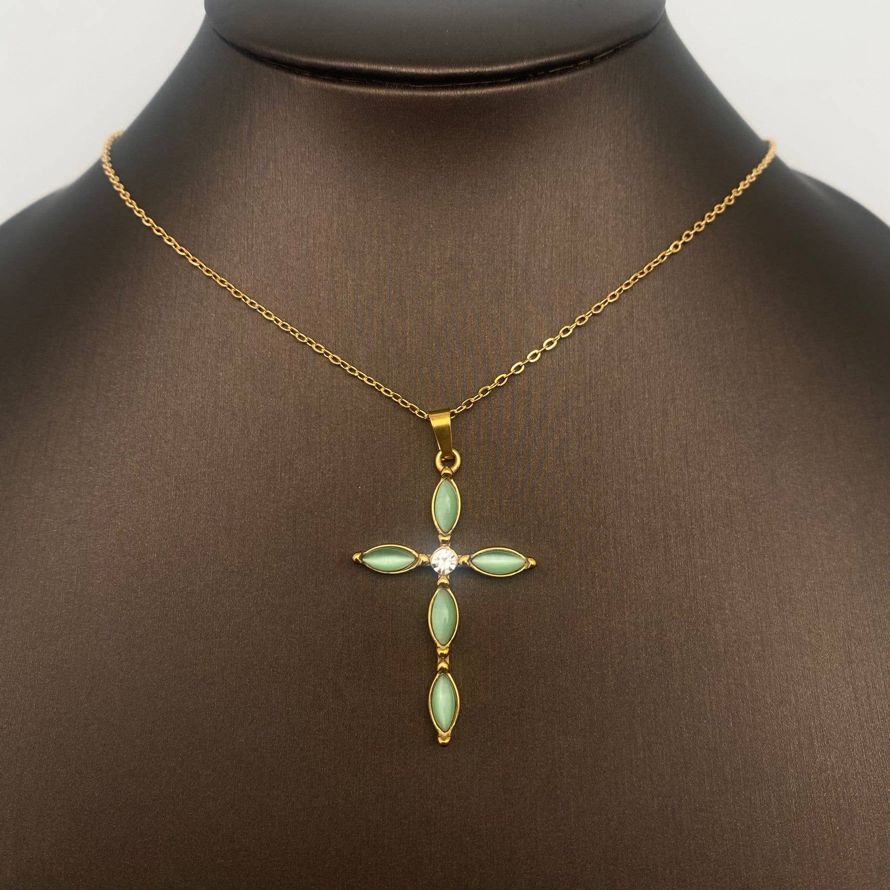 Cat's Eye stone Inlaid Cross 18K Golden SS Necklace