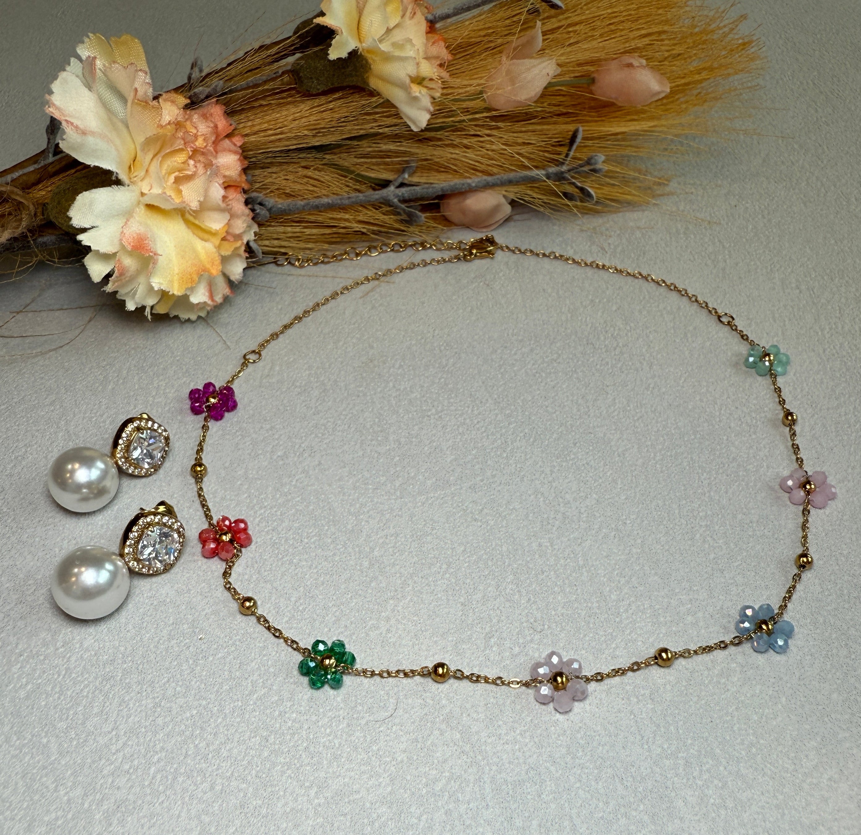 7 Color Glass Beaded Flowers 18K Gold Plated necklace