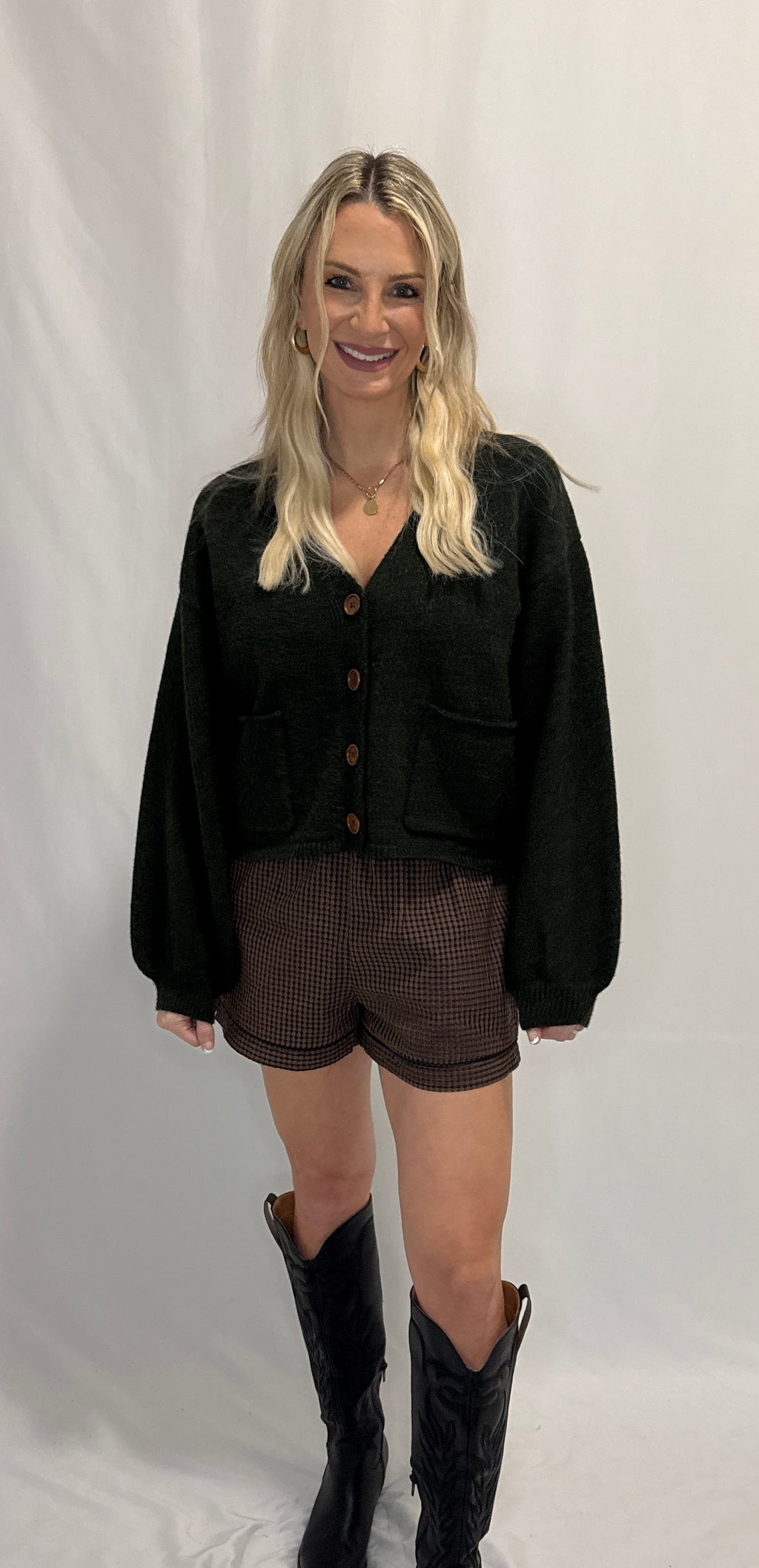 V-Neck Cuff Button-Up Long Sleeve Cardigan Sweater