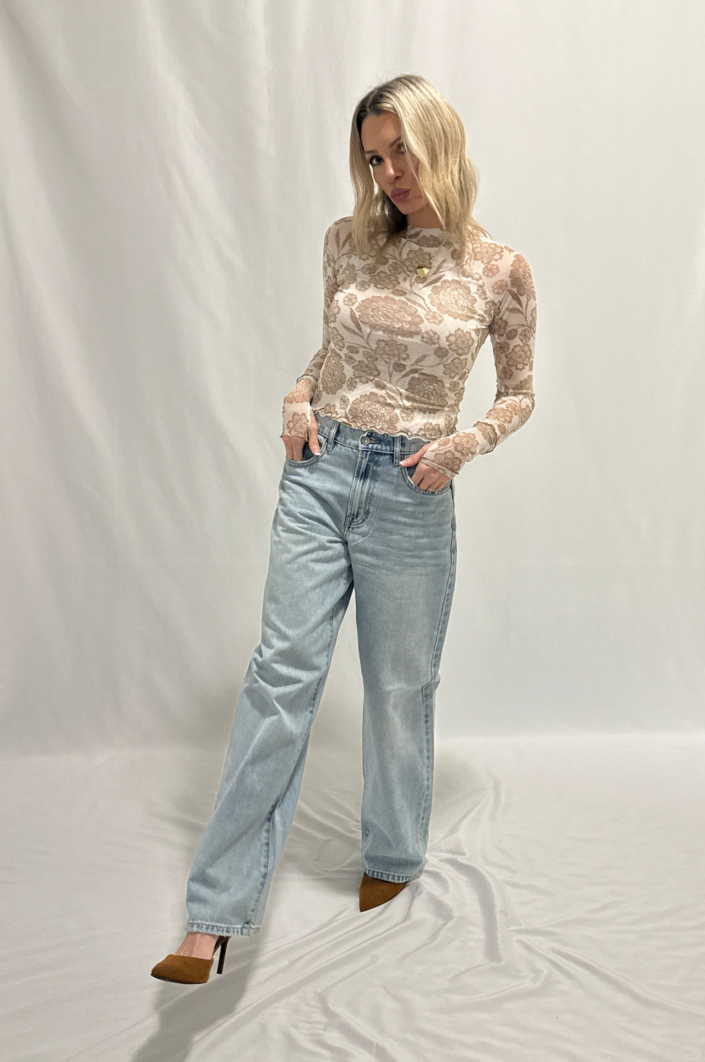 Floral-Print Mesh Mock-Neck Raglan Top