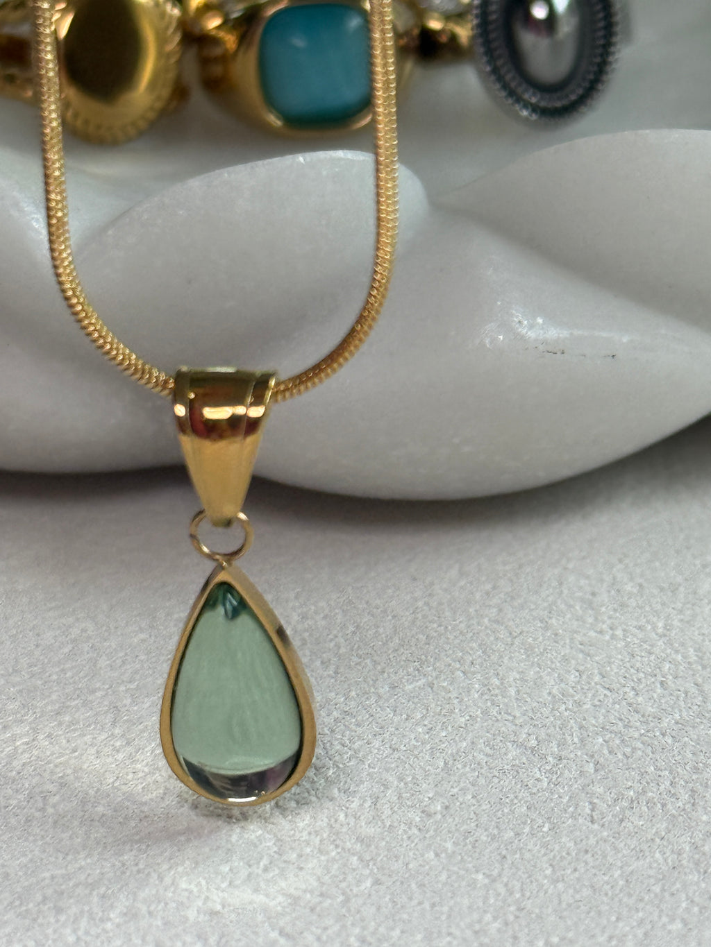 Teardrop Glass Charm 18K Gold Plated SS Necklace (Two Colors)