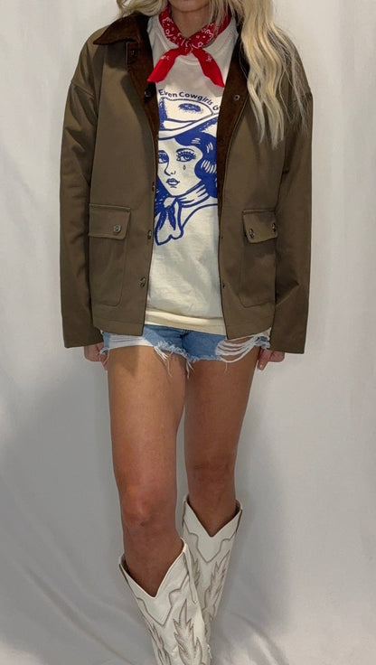 Barn Jacket with Corduroy Collar and Snap Pockets