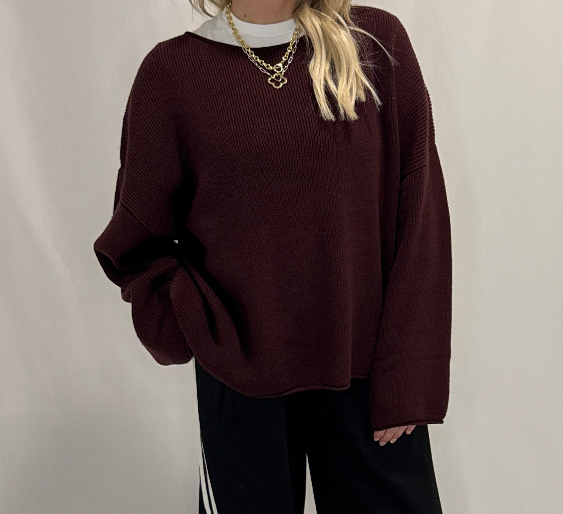 Solid Rib-Knit Oversized Boatneck Sweater