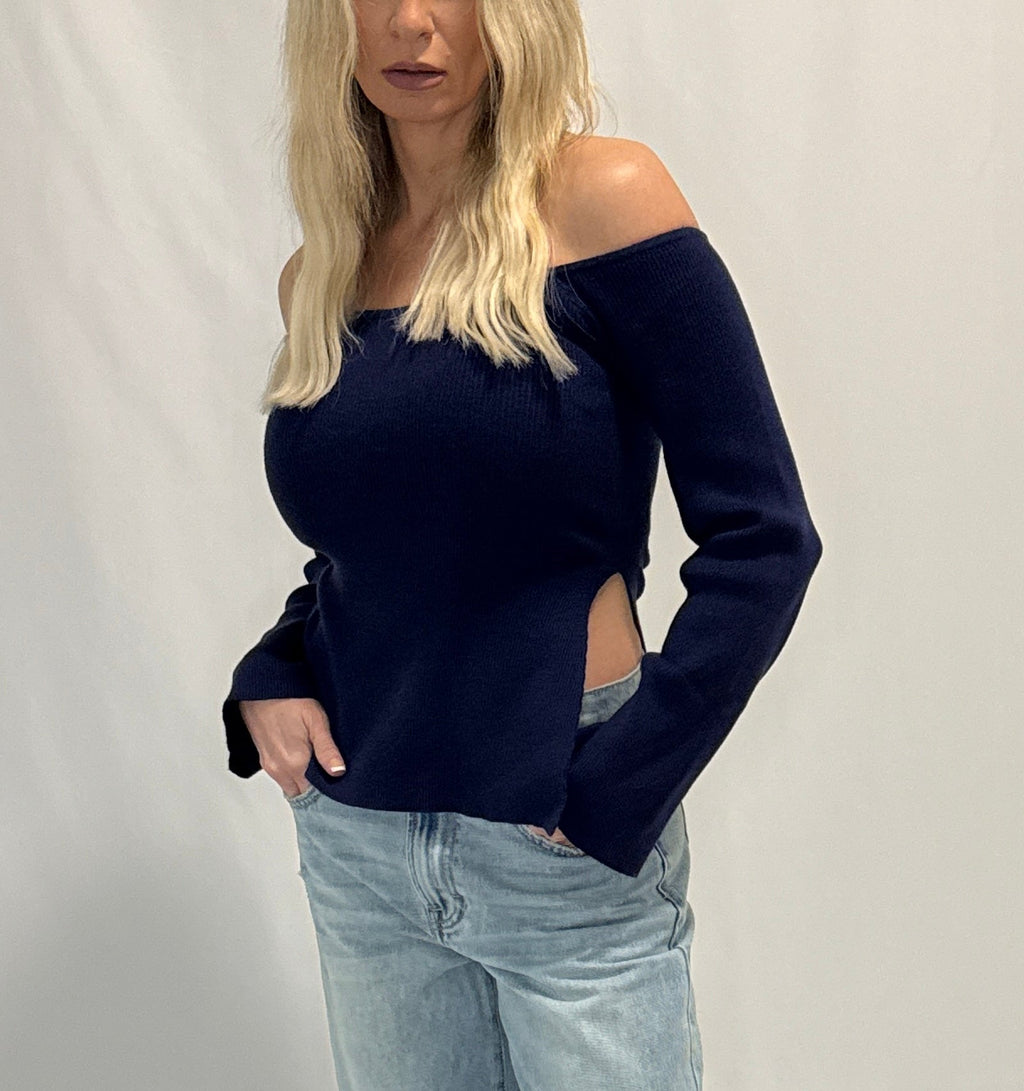 SIDE SLIT OFF SHOULDER SWEATER TOP