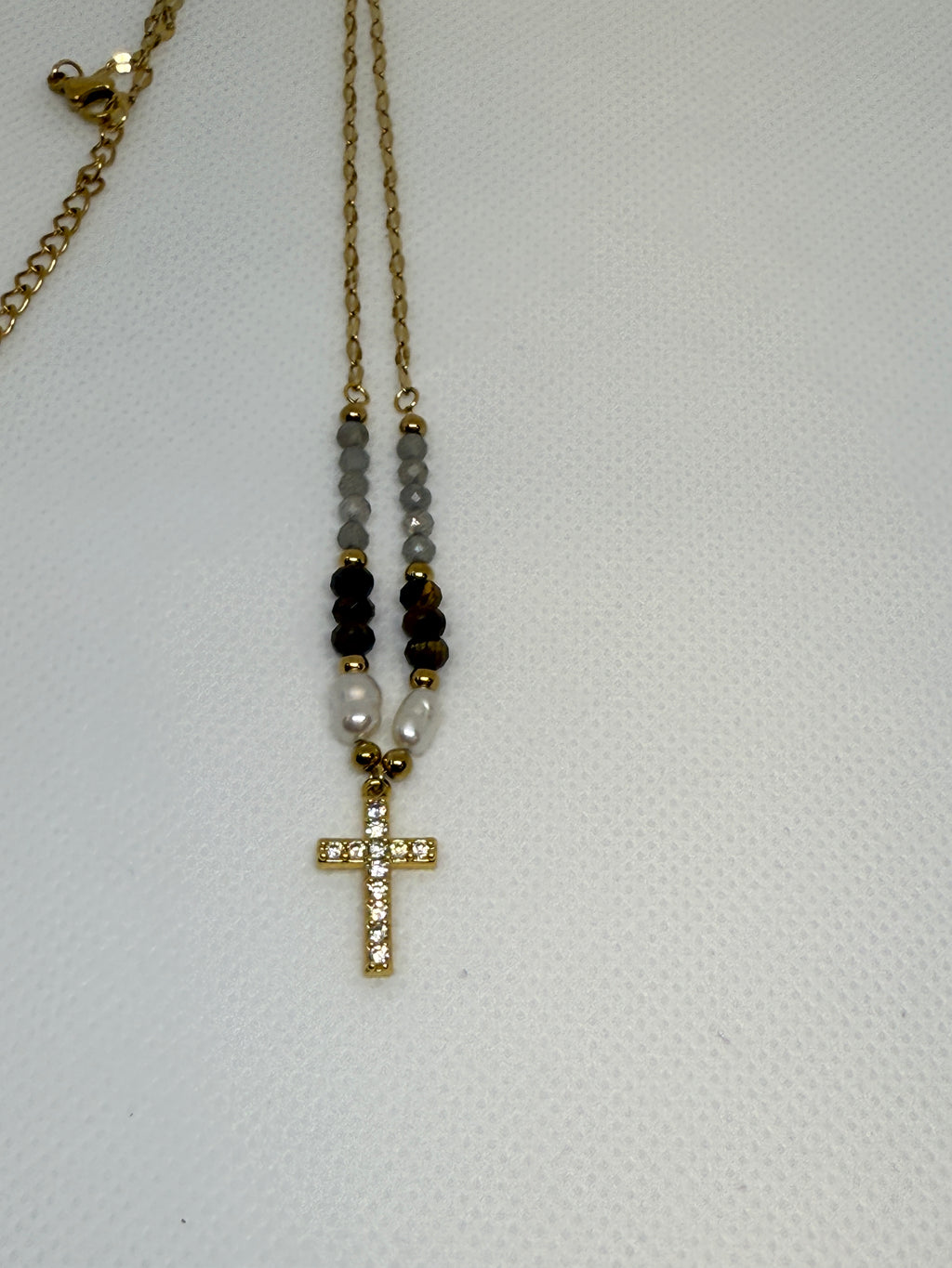 Lumiere 18K Gold Cross Necklace with Beads and Pearls