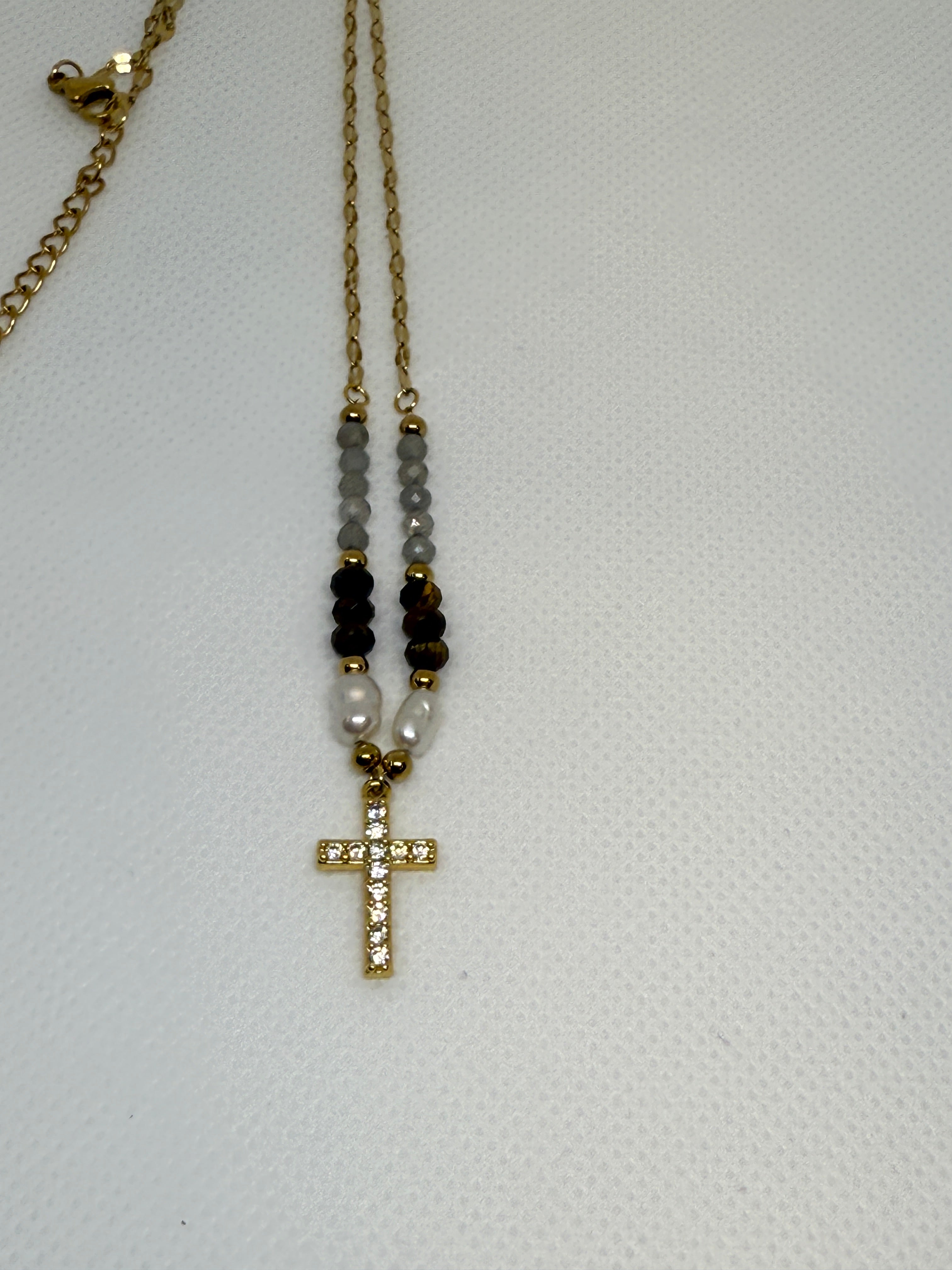 Lumiere 18K Gold Cross Necklace with Beads and Pearls