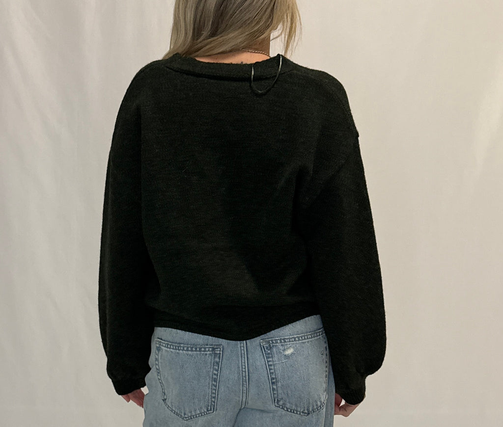 V-Neck Cuff Button-Up Long Sleeve Cardigan Sweater