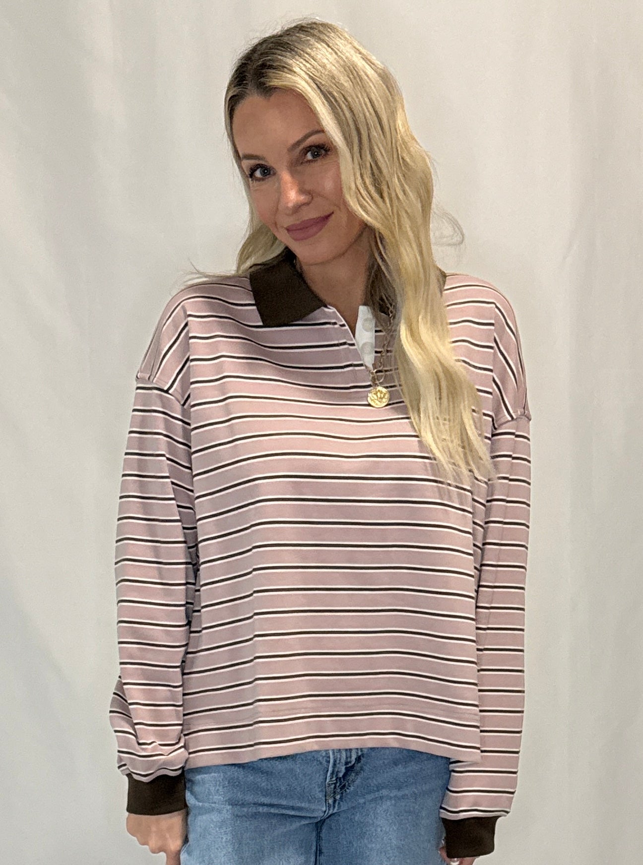 Quarter-Button Striped Collared Long Sleeve Top