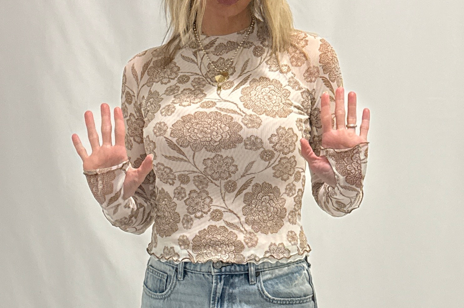 Floral-Print Mesh Mock-Neck Raglan Top