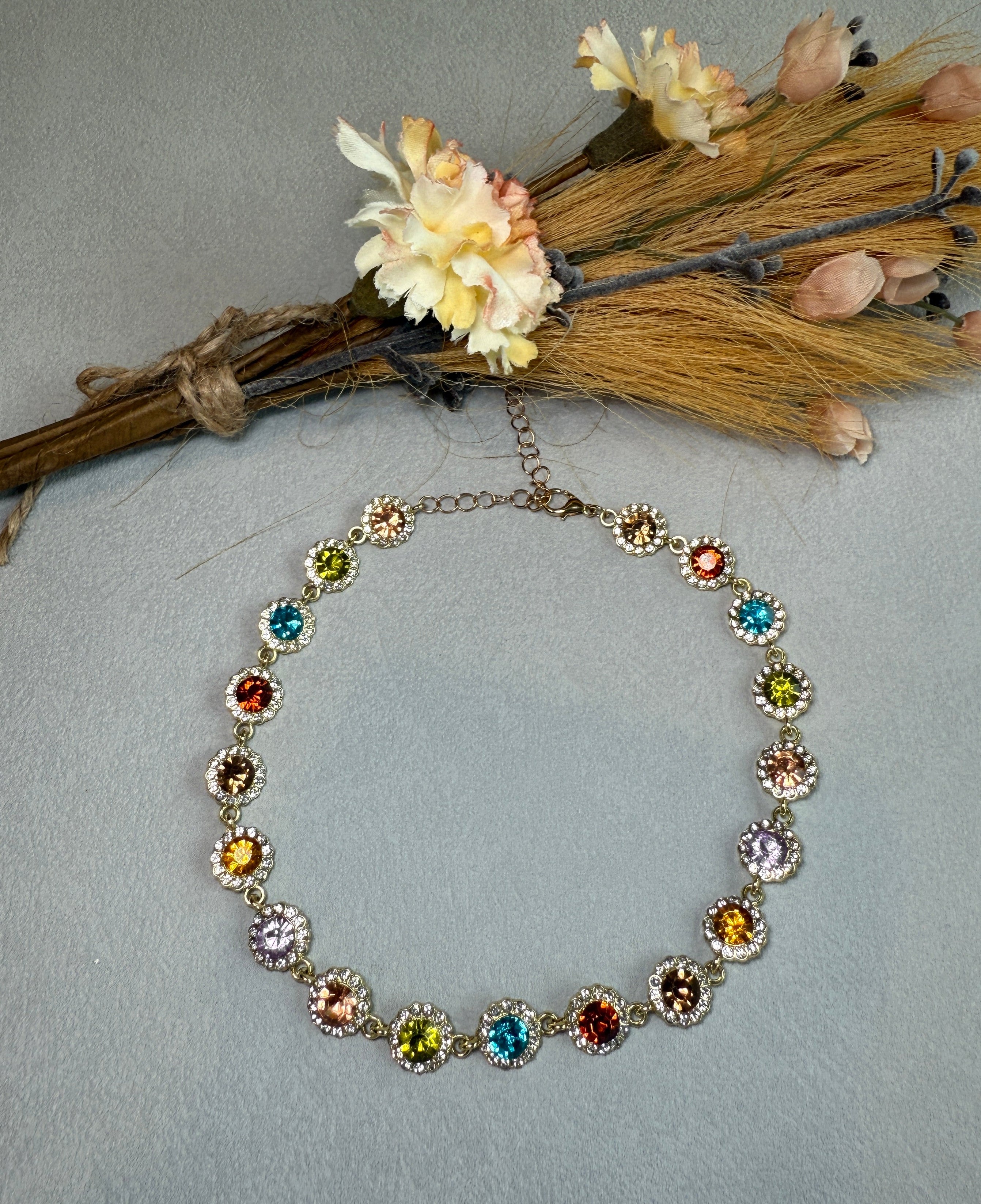 Colored Rhinestone Chain Choker Necklace
