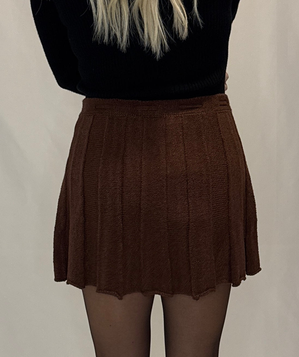 Pleated Ribbed Knit Drawstring Mini Skirt