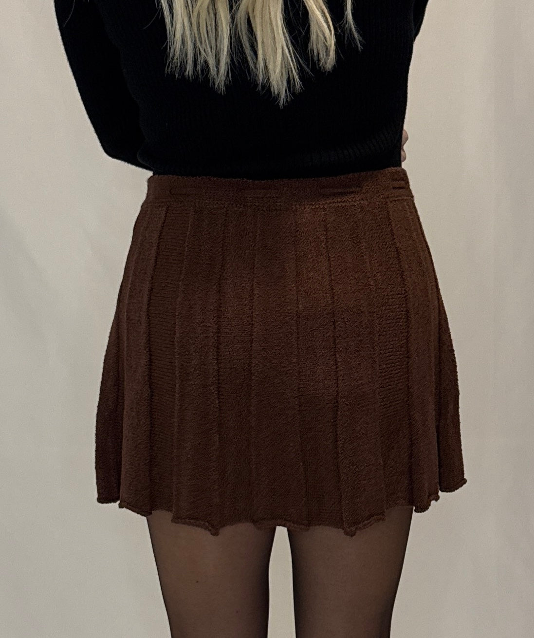 Pleated Ribbed Knit Drawstring Mini Skirt
