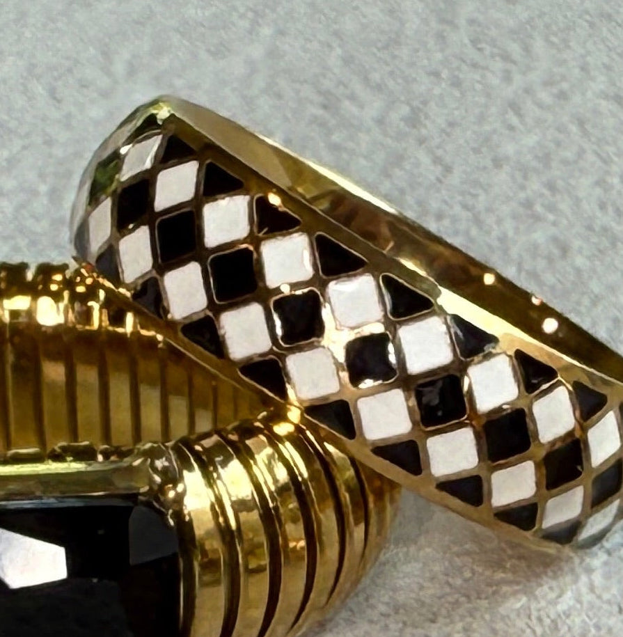 Enamel Black and White Grid 18K Gold Plated Ring