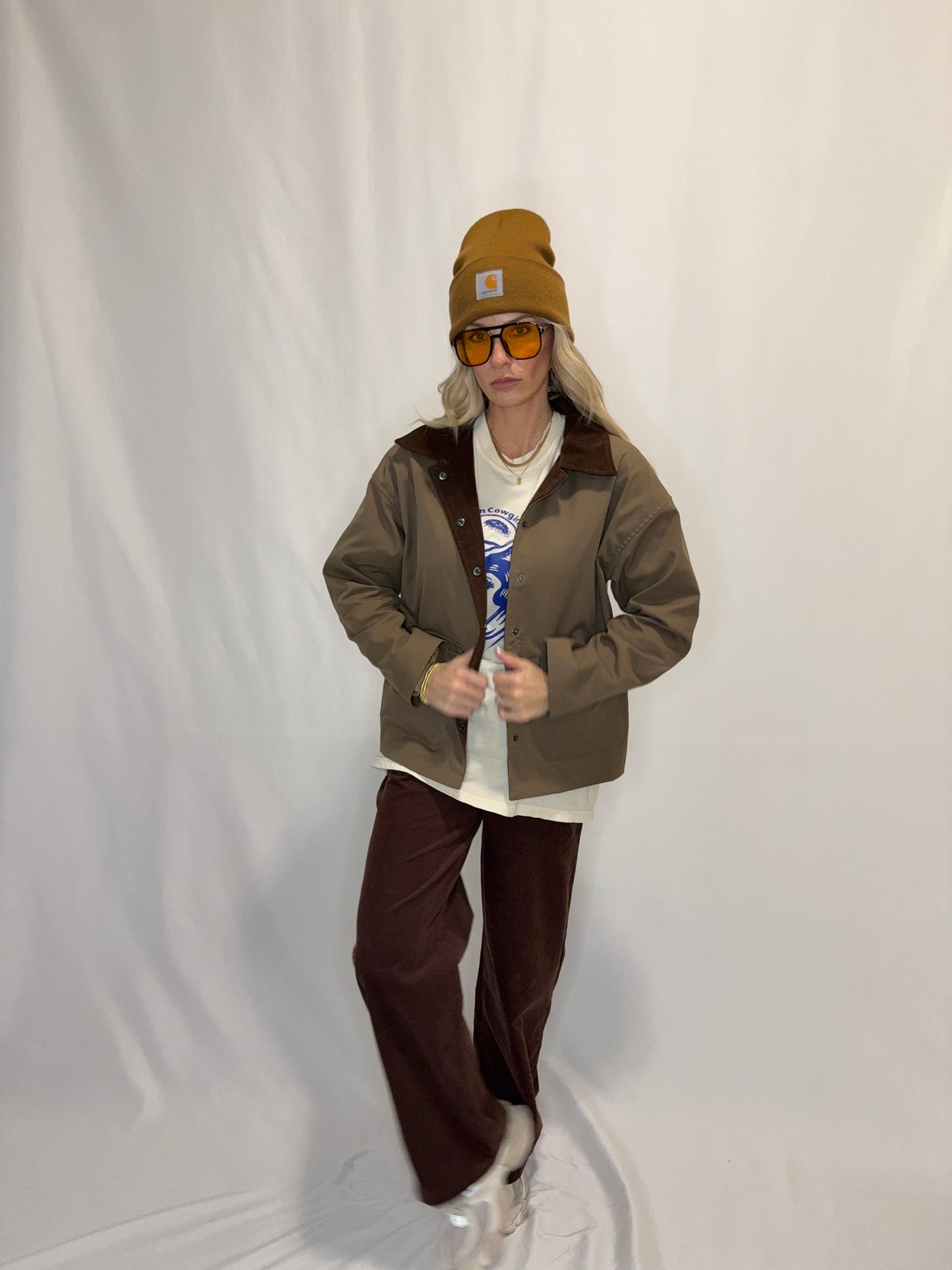 Barn Jacket with Corduroy Collar and Snap Pockets