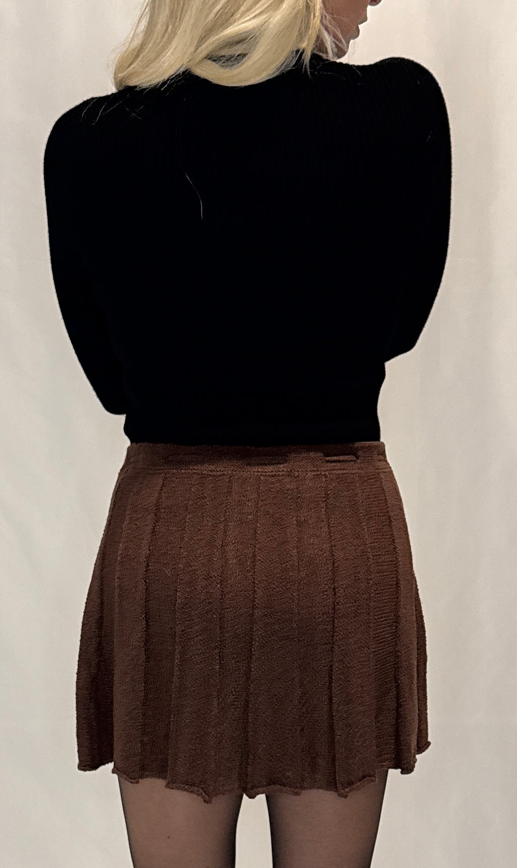 Pleated Ribbed Knit Drawstring Mini Skirt