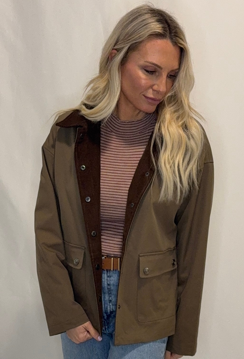 Barn Jacket with Corduroy Collar and Snap Pockets