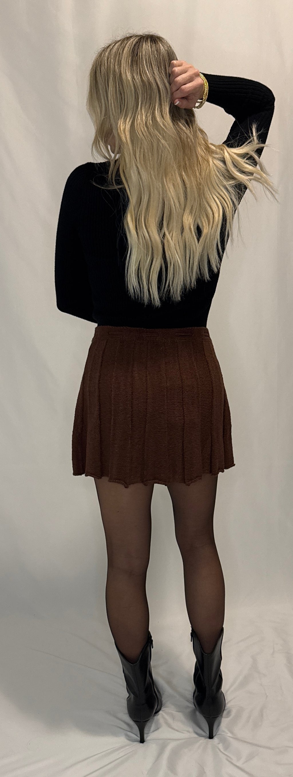 Pleated Ribbed Knit Drawstring Mini Skirt