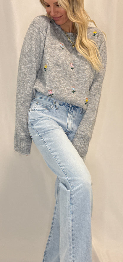 FLOWER EMBROIDERED SWEATER TOP
