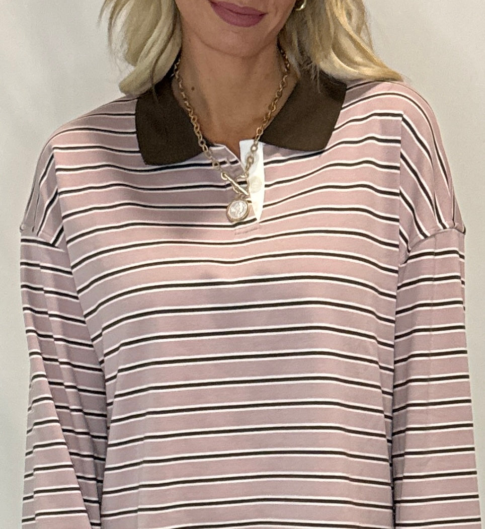 Quarter-Button Striped Collared Long Sleeve Top