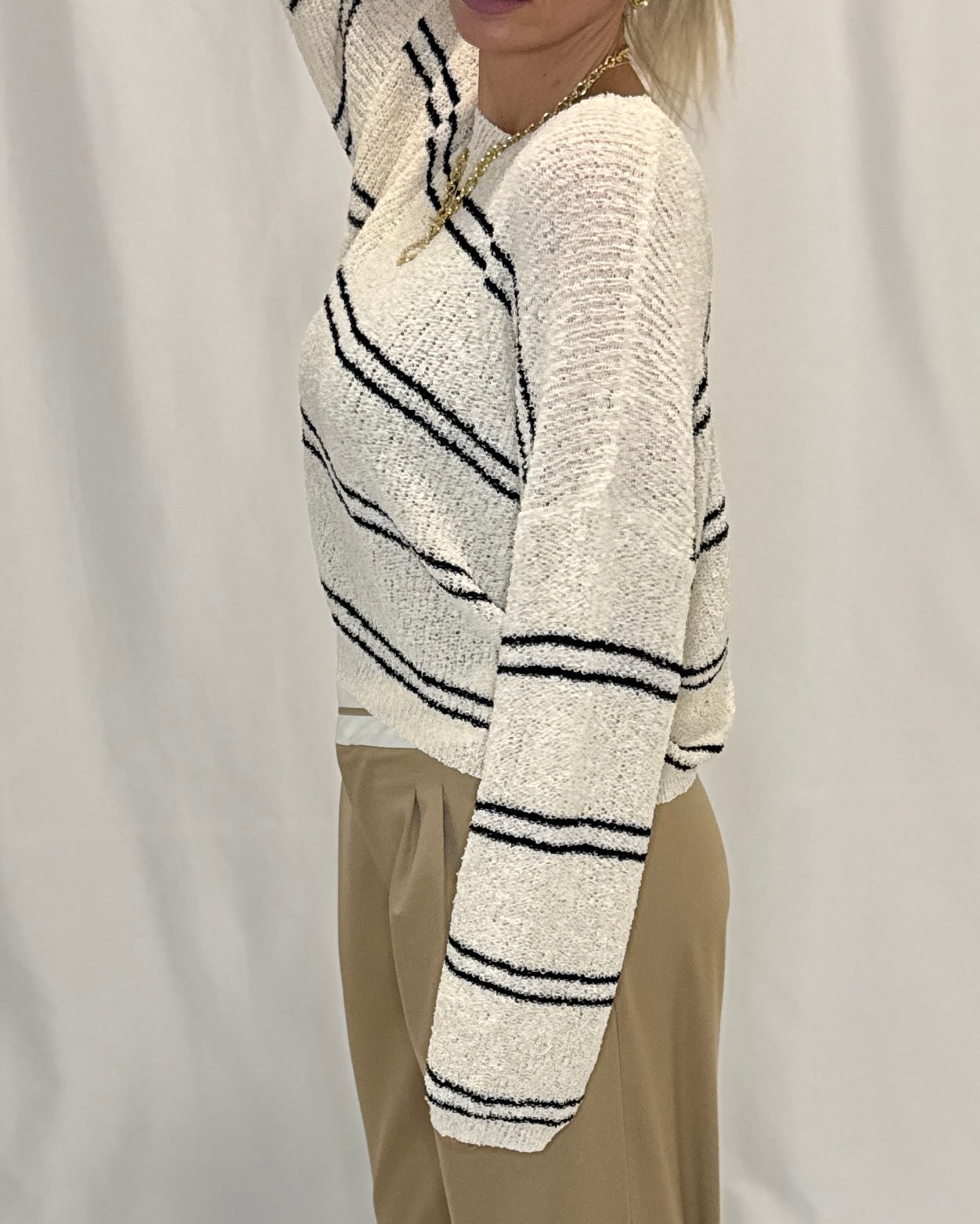 Knit Polyester Double Striped Long Sleeve Top
