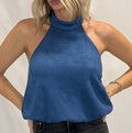 HALF MOCK NECK BUBBLE HEM SUEDE TOP