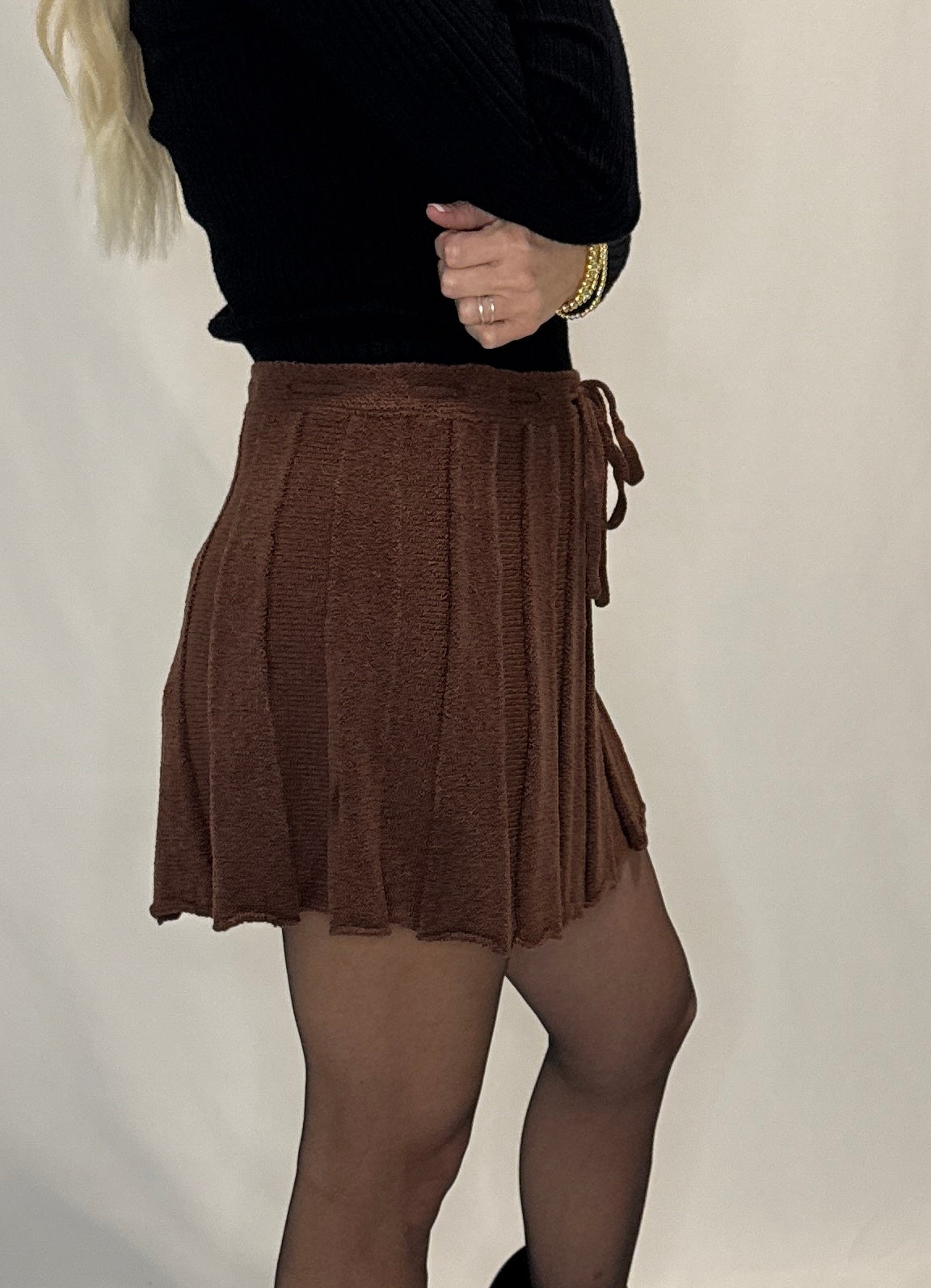 Pleated Ribbed Knit Drawstring Mini Skirt