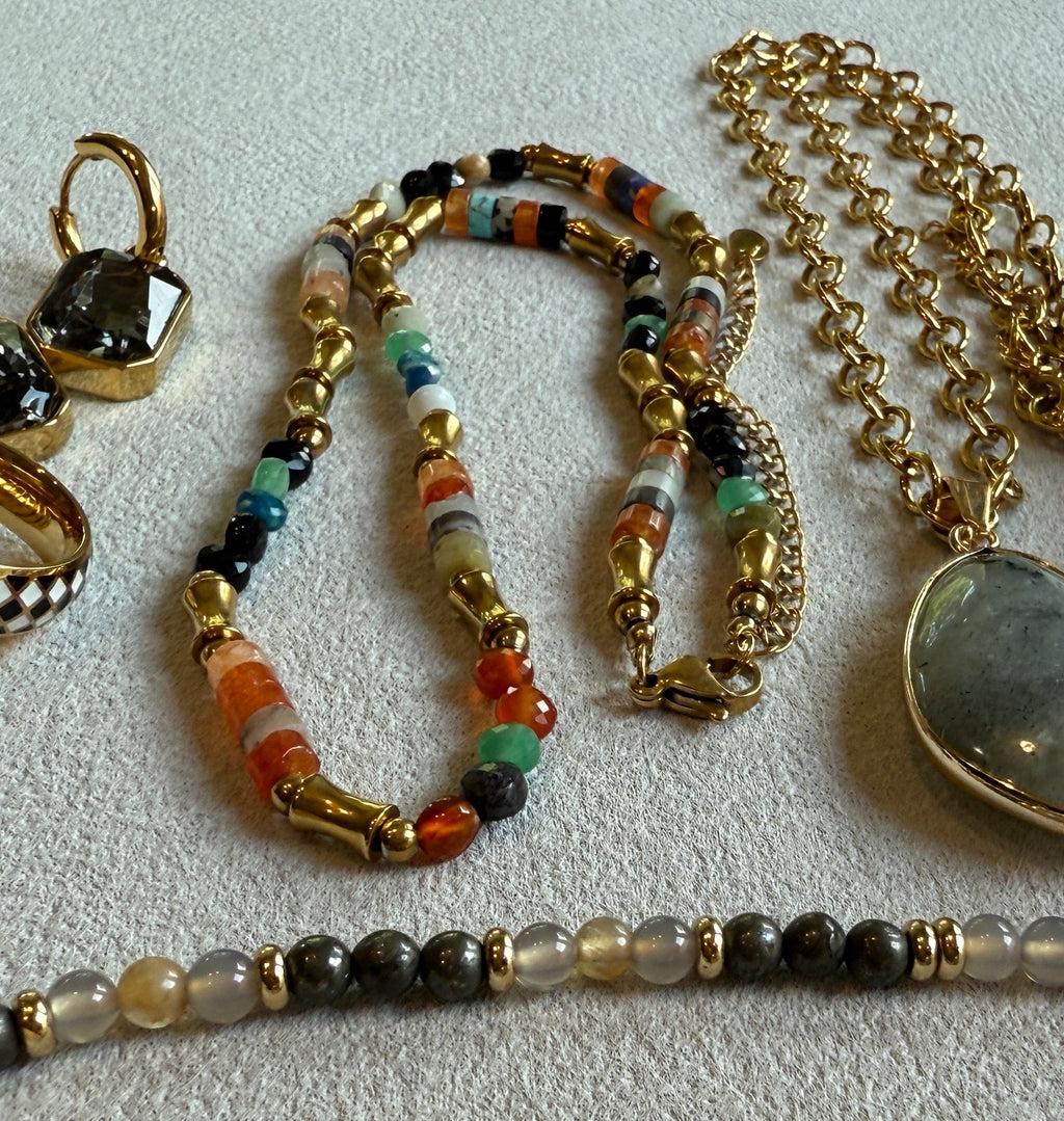 Crystal & Stone & 18K Gold Plated SS Beaded Necklace