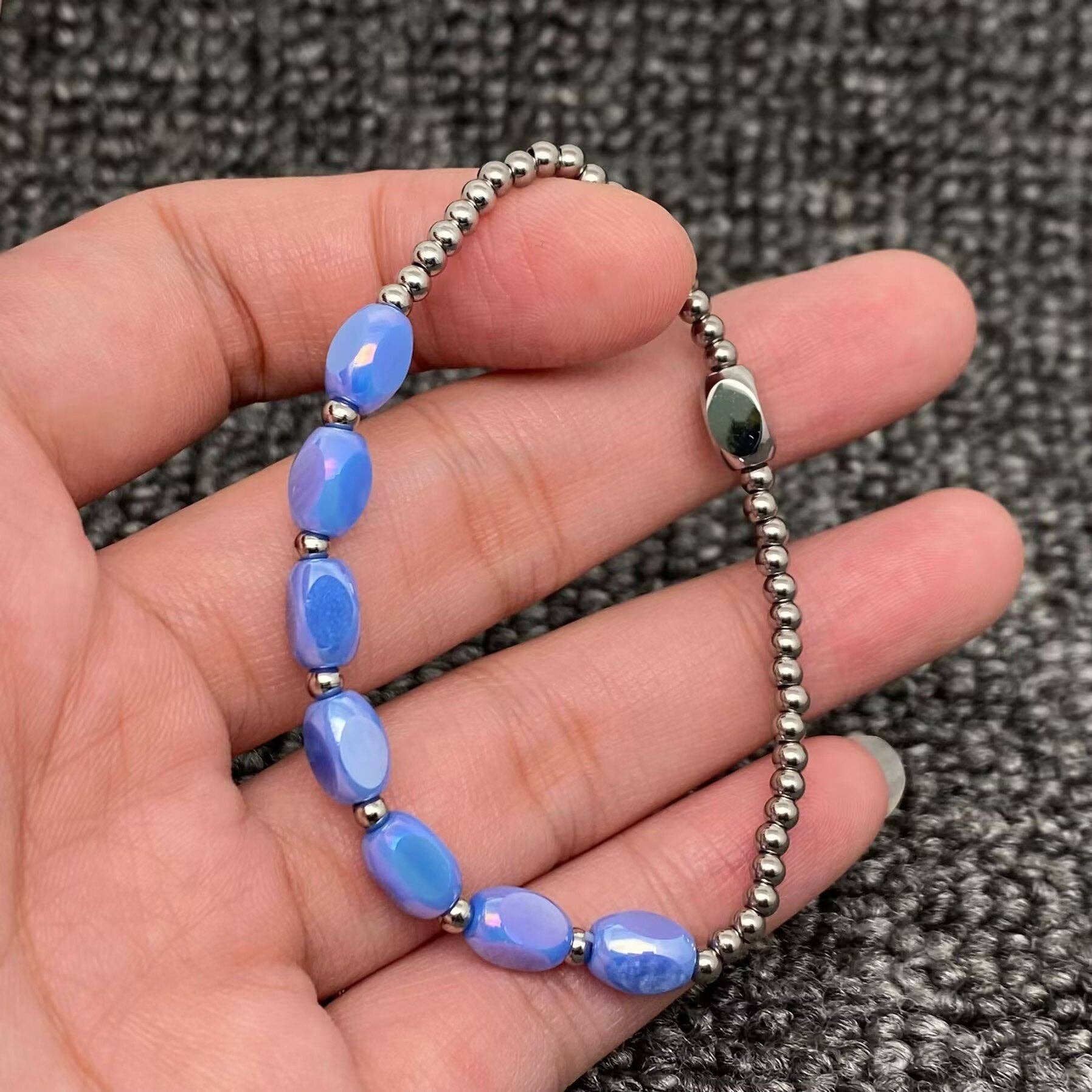 Glass & S.Steel Beaded Elastic Bracelet