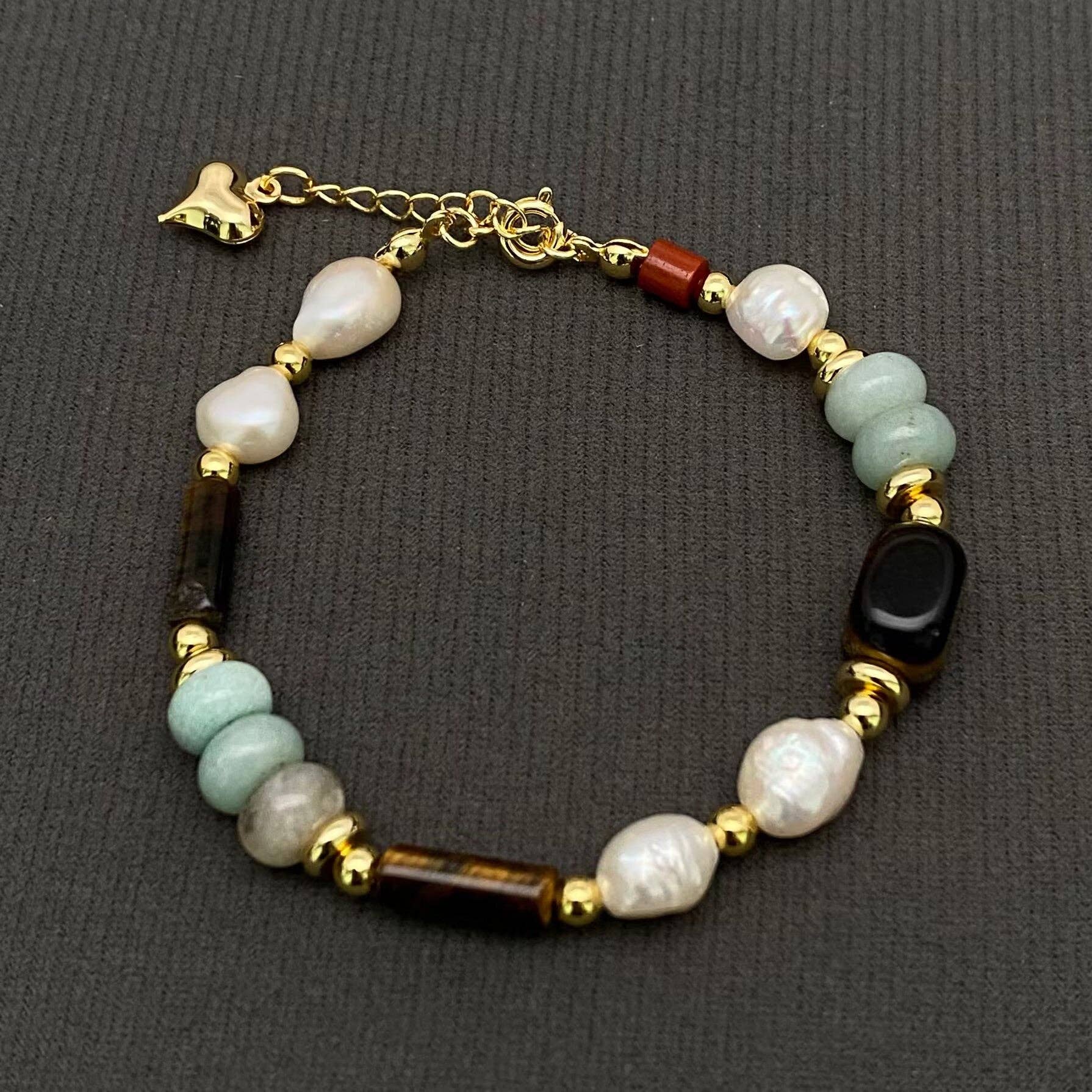 Agate & Stone & Pearl 18K Golden Metal Beaded Bracelet